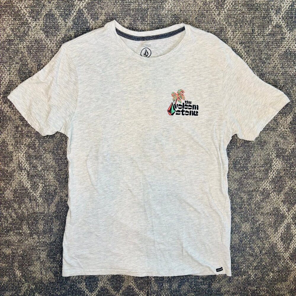 Volcom Stone T-Shirt - Medium, 99% Cotton, Light Gray, Palm Tree Island